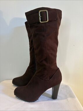 Dexter chocolate brown velvet chunky heel knee high boots size 7.5 retro style